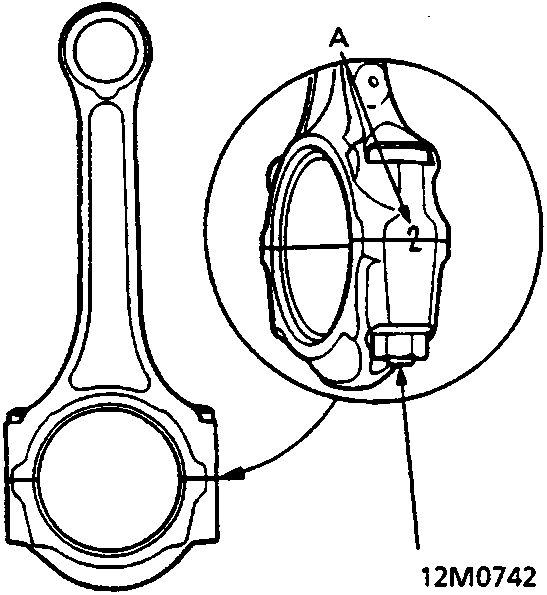 Diagram of a connecting rod with a callout to the big end bore reference number or bar