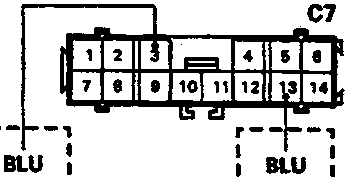 Diagram of main harness 14-P connector (C7) showing terminals 1-14, with BLU wires connected to earth for RHD and LHD configurations.