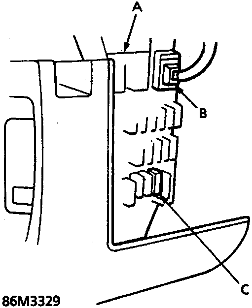 Diagram of under dash fuse/relay box showing A (Under dash fuse/relay box), B (SRS main harness 2-P connector), and C (SRS fuse).