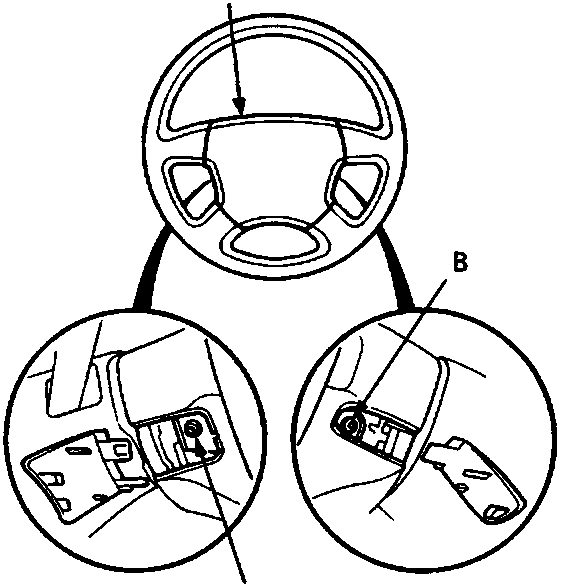 Diagram of driver's steering wheel showing airbag assembly (A), special bolt (B) on the left side, and a close-up of the bolt location (C).
