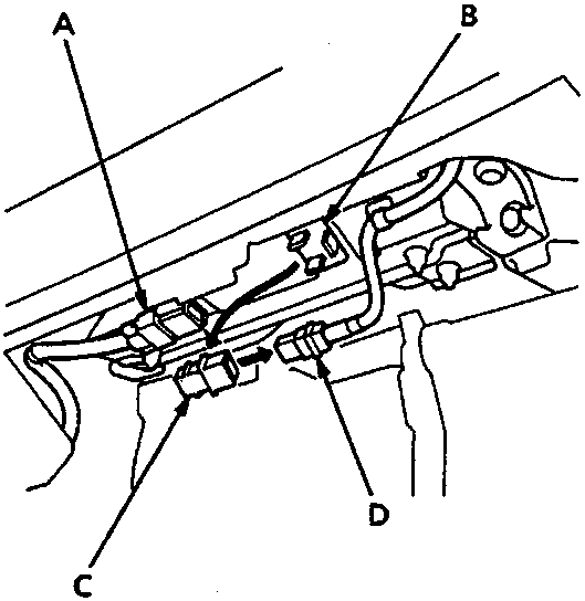 Diagram of passenger's airbag area under dashboard showing SRS main harness, short connector holder, and connectors labeled A through D.