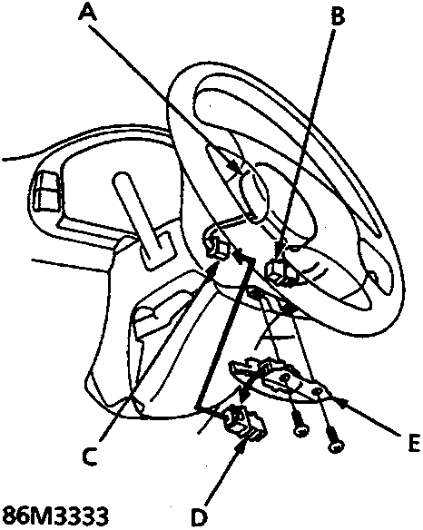 Diagram of driver's airbag assembly showing steering wheel, cable reel, and connectors labeled A through E.