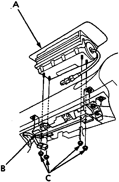 Diagram of passenger airbag module, module bracket, and airbag mounting nuts (86M3336)