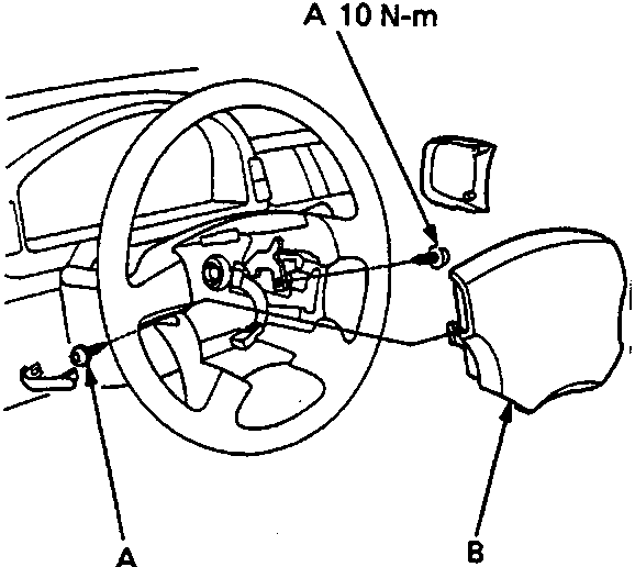 Diagram of driver's airbag assembly on steering wheel showing TORX bolts and torque values, reference 86M3339