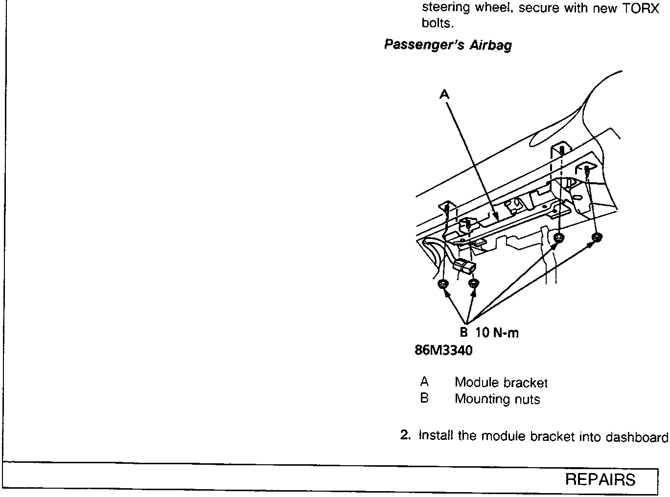 Diagram showing module bracket and mounting nuts for passenger's airbag on dashboard, reference 86M3340