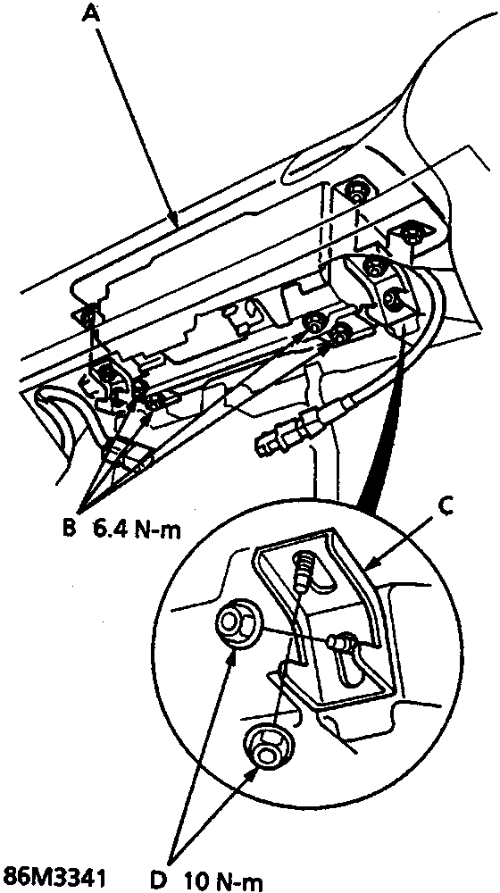 Diagram showing passenger's airbag, airbag mounting nuts, joint bracket, and joint bracket nuts with torque values of 6.4 N-m and 10 N-m