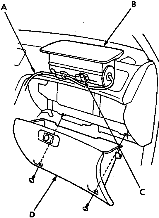 Diagram showing SRS main harness, passenger's airbag, short connector in holder, and glovebox