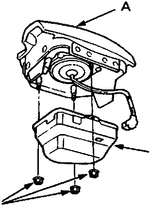 Diagram showing airbag assembly with labels A (Airbag), B (SRS unit), and C (Mounting nuts)