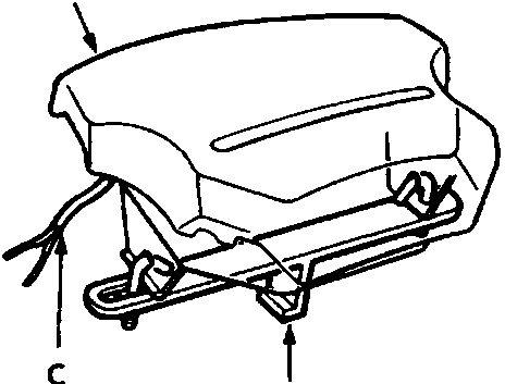 Diagram showing airbag assembly clamped in a disposal bracket with labels A (Airbag assembly), B (SRS disposal bracket), and C (Inflator wire)
