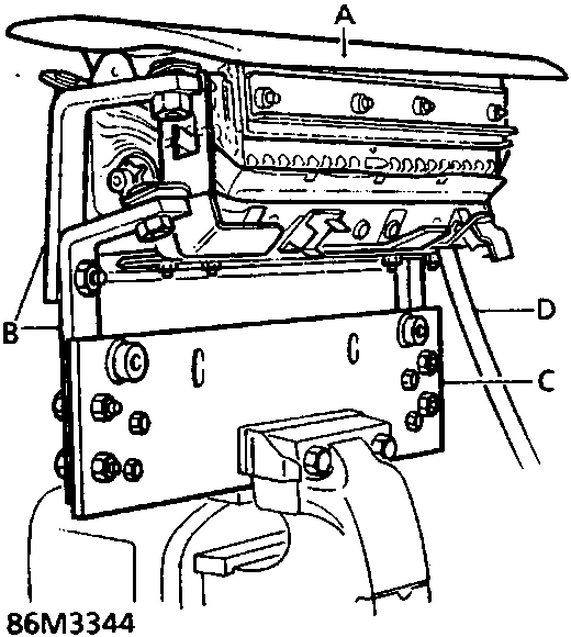 Diagram showing the passenger's airbag assembly, adaptor brackets, SRS disposal bracket and inflator harness with labels A, B, C, D. Figure number 86M3344.