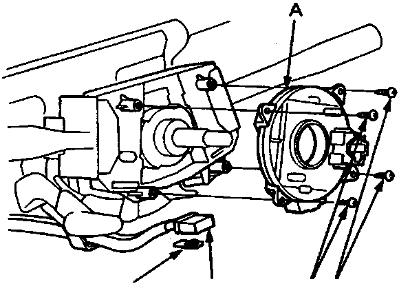 Diagram showing the slip ring, mounting screws, SRS main harness connector, and connector lock on the steering column
