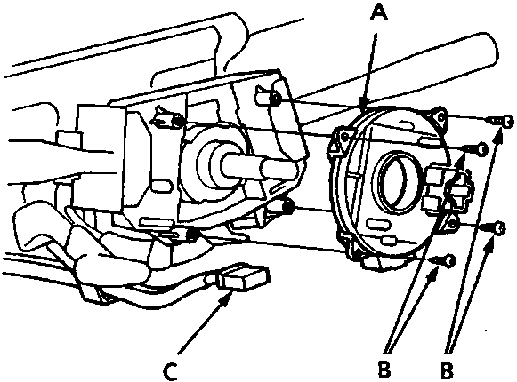 Diagram showing slip ring, mounting screws, and SRS main harness connector on steering column
