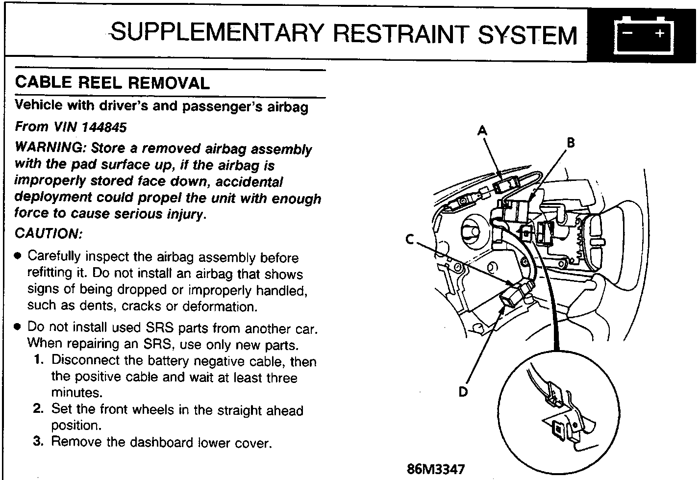 Diagram showing steering column components labeled A, B, C, and D, with a circular inset detail view of connector D