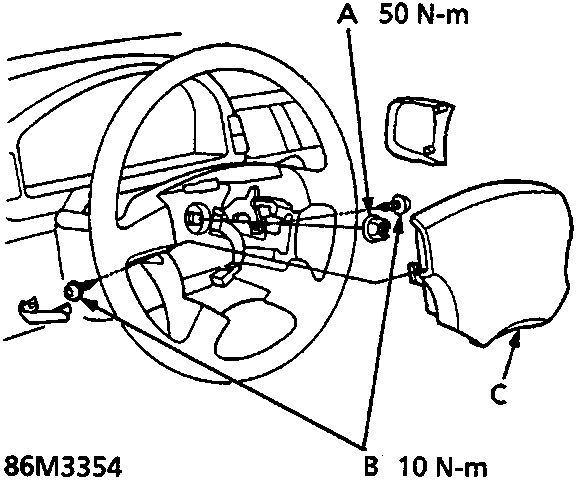 Diagram of steering wheel installation with torque values A 50 N-m, B 10 N-m