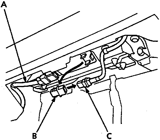 Diagram showing SRS main harness, short connector and front passenger's airbag 3-P connector under dashboard