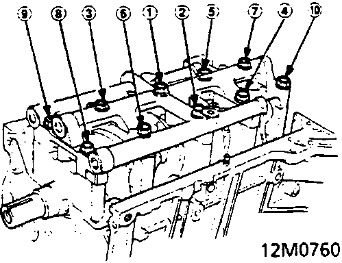 Diagram showing tightening sequence 1 through 8 for cylinder head bolts
