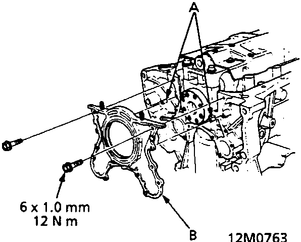 Cylinder block with right side cover installed, indicating dowel pins and bolt locations with torque specification 6 x 1.0 mm 12 N m