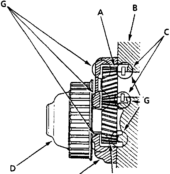 Cross-section view of balancer gear assembly showing driven gear, oil pump, thrust washer, belt driven pulley, gear case, drive gear, and molybdenum disulfide application points