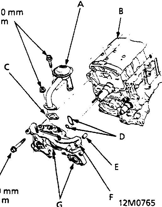 Exploded view of oil pump assembly showing strainer, baffle plate, gasket, O-rings, dowel pin, oil pump, and seal lips with torque specifications 6 x 1.0 mm 12 Nm