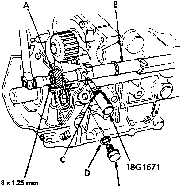 Diagram of rear balancer assembly showing driven gear, rear balancer shaft, maintenance hole, and washer with tool 18G1671. Torque values 25 Nm for 8 x 1.25 mm fasteners and 30 Nm for 12 x 1.5 mm fasteners are indicated. Figure ID 12M0767.