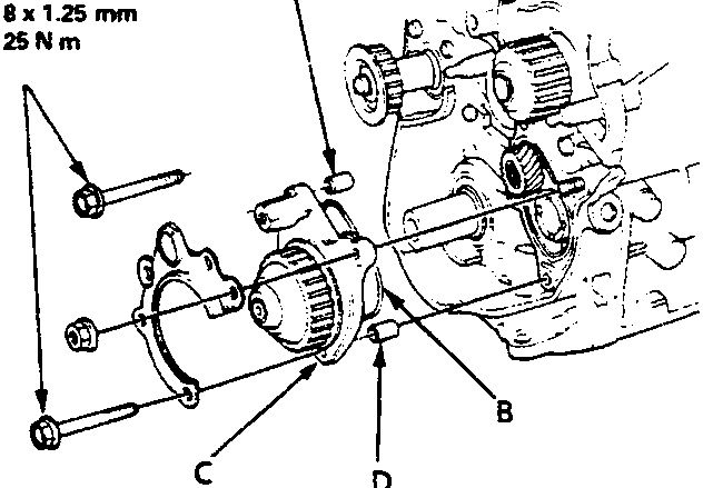 Diagram of balancer gear case installation showing dowel pins, O-ring, and pointers with torque specification 1x1.25 mm 25 N m