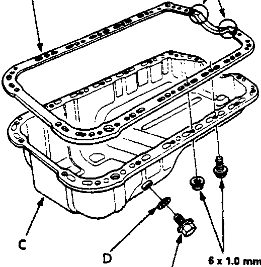 Exploded view of oil sump assembly showing gaskets, sump, washers, drain plug, and torque specification 6 x 1.0 mm 12 N m