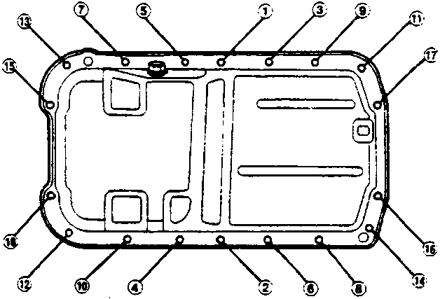 Diagram of oil sump gasket showing bolt tightening sequence numbered 1 through 17
