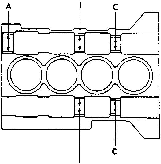 Diagram showing the cylinder block with callout lines labeled A, B, C, D, and E indicating bearing positions and front/rear orientation.