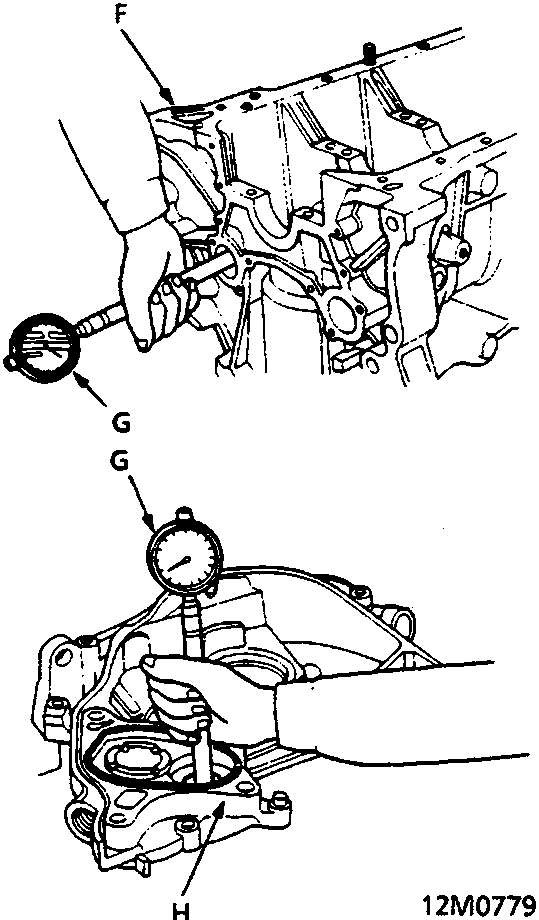 Two diagrams showing a dial gauge measuring the balancer shaft oil clearance in the block and the oil pump housing. Callouts are labeled F, G, and H.