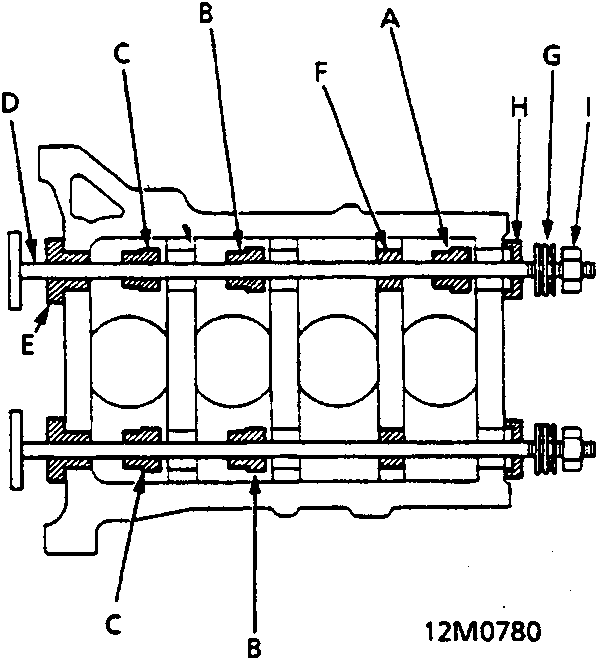 Diagram of balancer shaft removal tool set installed on cylinder block, showing attachments A, B, C, guides E, F, thrust bearing G, base H, nut I, and shaft D.