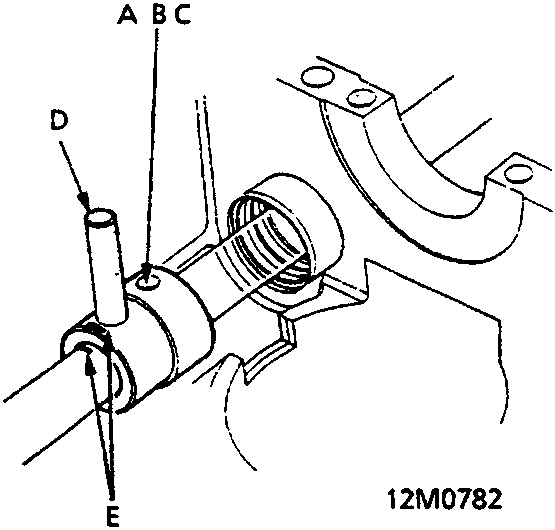 Close-up diagram of balancer shaft attachment fixing mechanism showing stopper pin D, guide mark E, and attachment points A, B, C.
