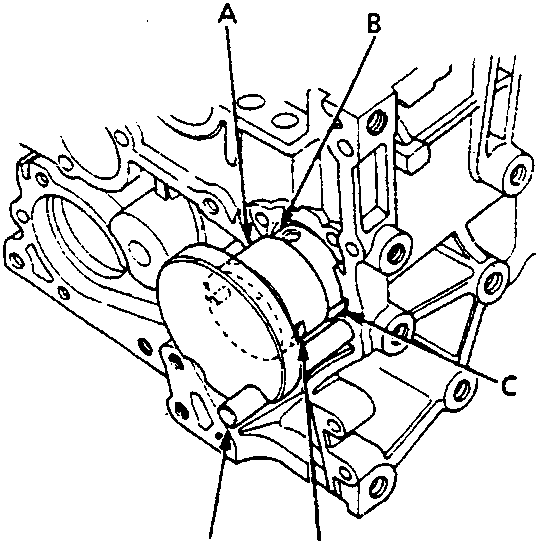 Diagram of cylinder block showing bearing, attachment, groove, positioning pin, and detent labeled A through E.