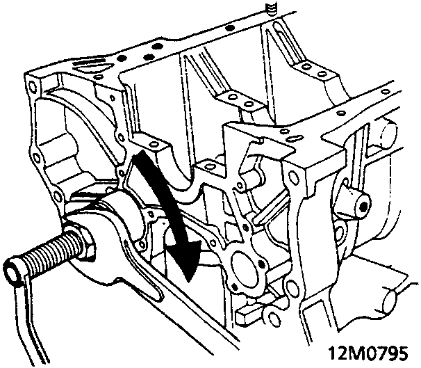 Diagram showing a wrench holding the end of a shaft while a nut is turned to install a bearing into the cylinder block. Figure number 12M0795 is printed at the bottom right of the drawing.