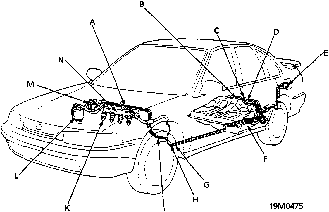 Diagram of the vehicle showing the fuel delivery system layout with callout letters A through N pointing to various components including the fuel tank, pump, injectors, and evaporative emission control parts.