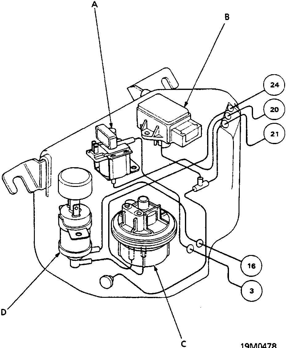 Diagram of the Vacuum Control Box showing components labeled A, B, C, and D, with numbered callouts 3, 16, 20, 21, and 24. Figure number 19M0478 is printed at the bottom right.