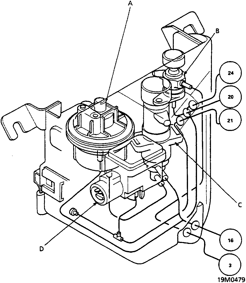 Diagram of the Vacuum Control Box (KE) showing components labeled A, B, C, D and circled numbers 3, 16, 20, 21, 24 on vacuum pipes. Figure number 19M0479.