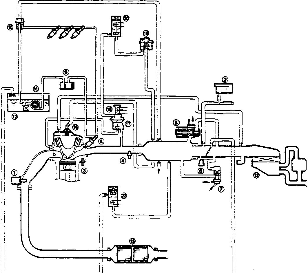 Vacuum Control System Schematic diagram showing various engine components and their interconnections with numbered callouts.