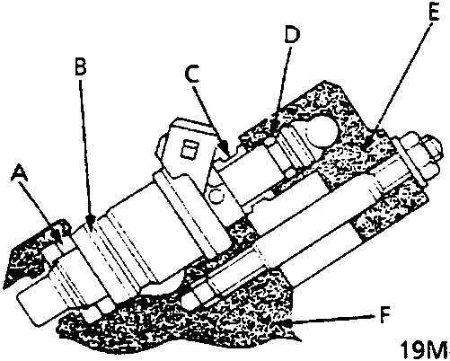 Fuel injector installed in an intake manifold showing connections labeled A through F
