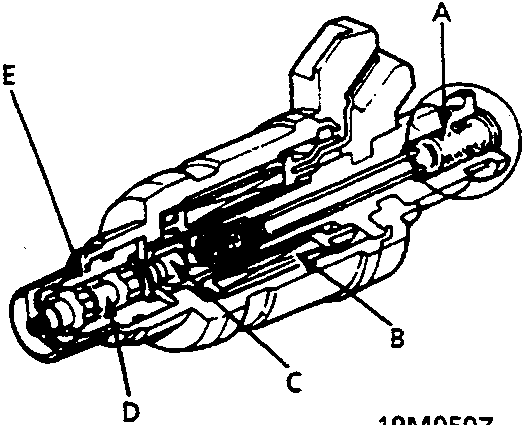 Cutaway diagram of a fuel injector showing internal components labeled A through E