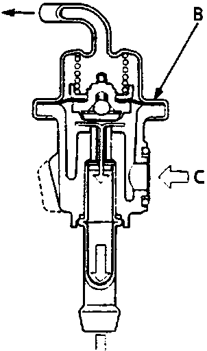 Cross-section diagram of a fuel pressure regulator in the open state, showing labels A, B, C, and D.