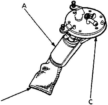 External view of the fuel pump assembly showing the fuel pump, fuel filter, and fuel pump bracket