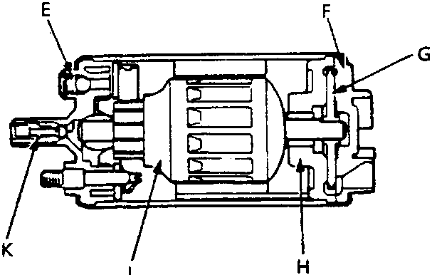 Cross section side view of the fuel pump showing internal components including relief valve, cover, impeller, casing, armature coil, and check valve