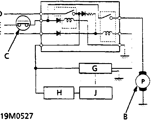 Schematic diagram of the PGM-Fi main relay circuit showing connections between the relay, fuel pump, ECM, and other components labeled A through J.