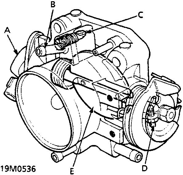 Diagram of the throttle body assembly showing labeled components A, B, C, D, and E. Figure number 19M0536 is printed at the bottom left of the diagram.