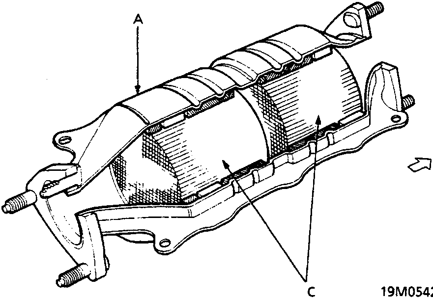 Cutaway diagram of a Three Way Catalytic Converter showing the housing, internal catalysts, and front-of-vehicle orientation.