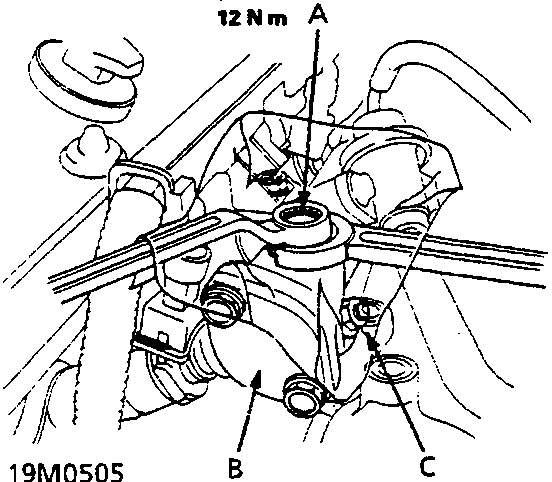 Diagram showing the sealing bolt (A), fuel rail (B), and absorbent cloth (C) with a torque value of 12 Nm