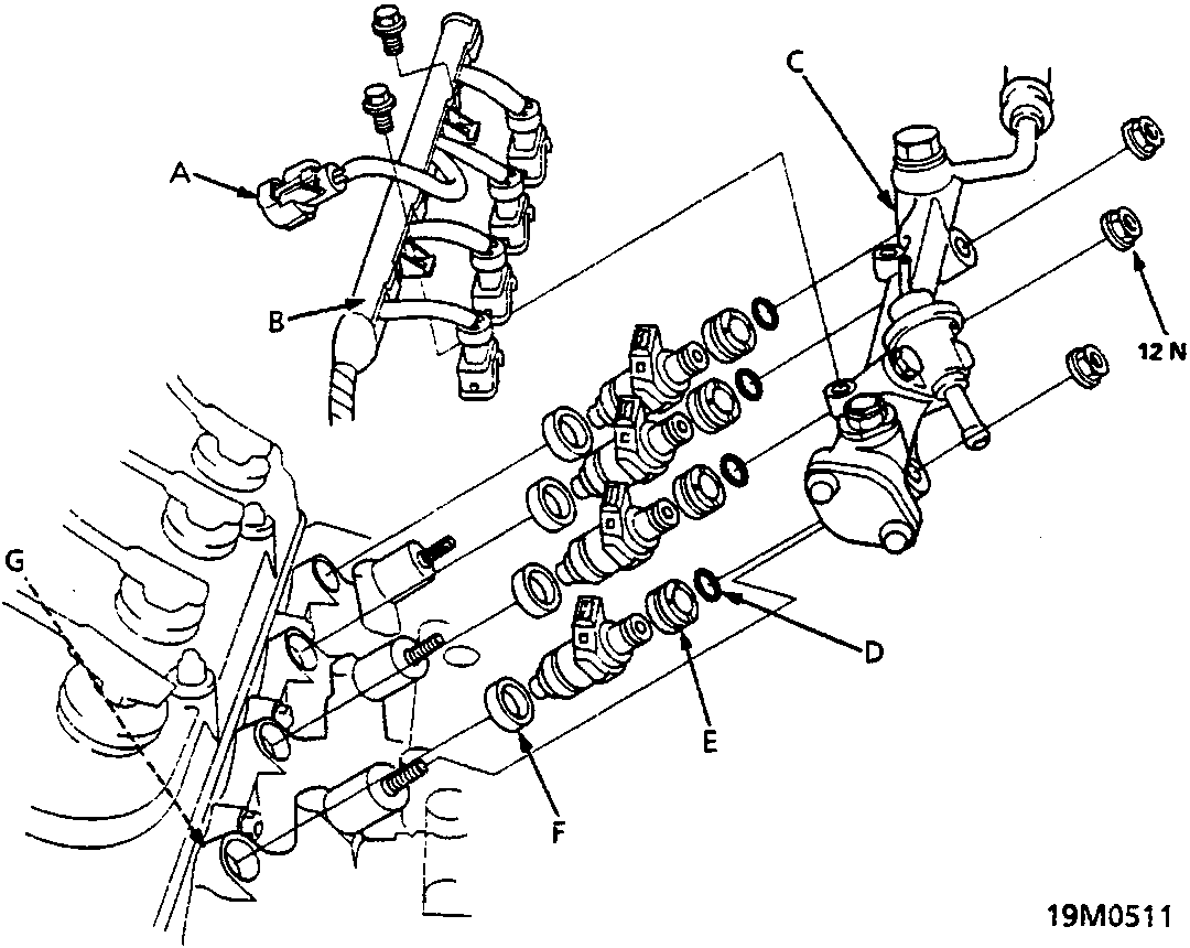 Exploded view of the fuel rail, fuel injectors, and associated connectors showing labels A through G and a torque value of 12 Nm.