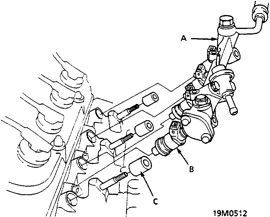 Diagram showing fuel rail assembly with callouts A, B, and C
