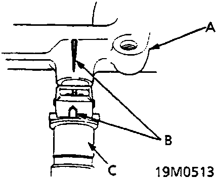 Diagram showing alignment of connector centre line with mark on fuel rail, with callouts A, B, and C
