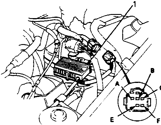 Diagram of the engine bay showing the injector resistor location and a connector pinout view with terminals labeled A, B, C, E, F